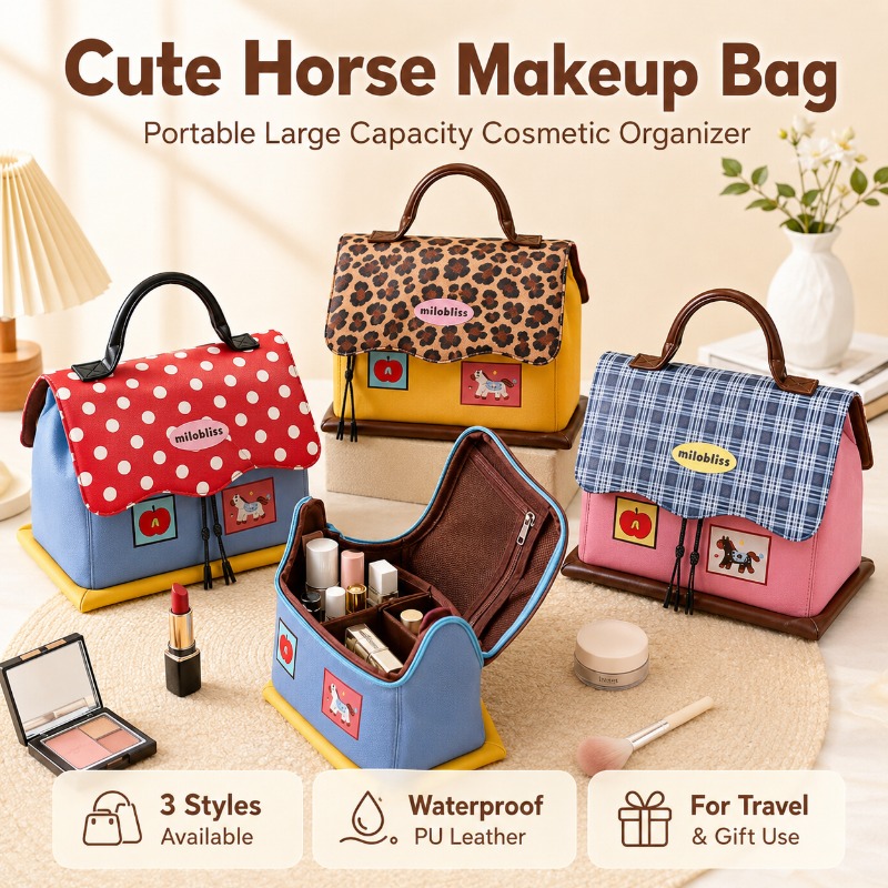 Women Vanity Bags - 귀여운 말 메이크업 가방 방수 가죽