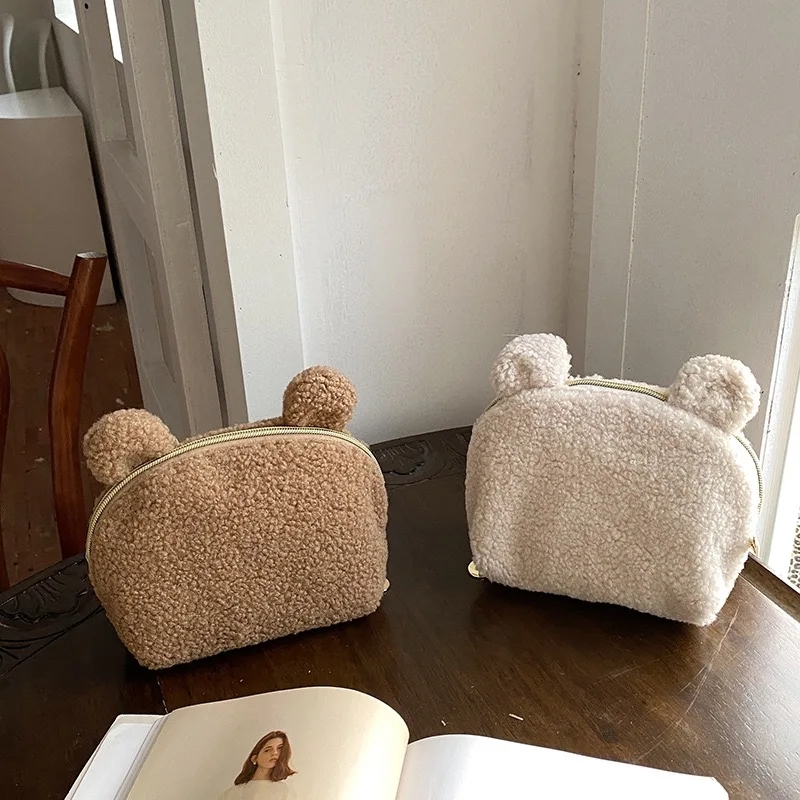 Women Vanity Bags - 귀여운 곰돌이 귀 셰르파 화장품 가방,